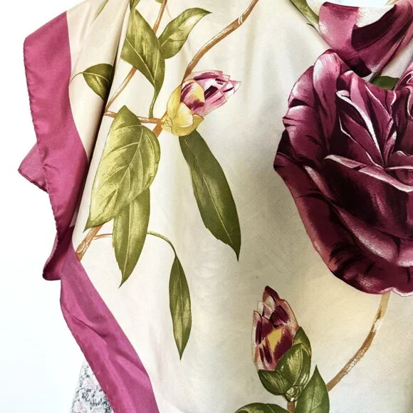 Square Scarf Women's Silk Satin Floral Hand-stitched 33" - Picture 8 of 10